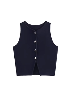 Slim-fit sleeveless knit vest for women featuring unique irregular metal buttons in dark navy