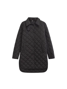 Women's black quilted midi coat with lapel collar and classic diamond stitch pattern