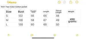 Tableau des tailles pour veste matelassée avec mesures de poitrine et d'épaules