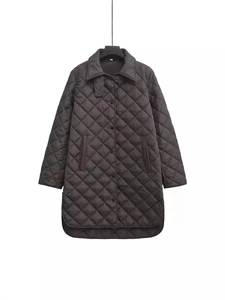 Women's mid-length quilted coat featuring diamond pattern stitching and button closure