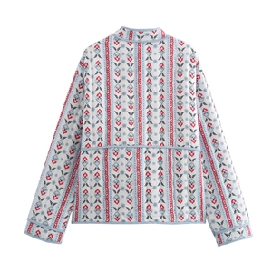 Detailed back view of a white quilted floral jacket with ethnic prints and blue trim