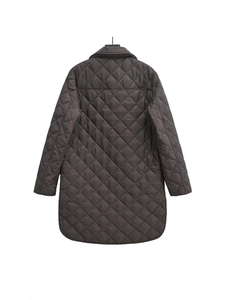 Quilted women coat with lapel collar and curved hem in dark grey mid-length design