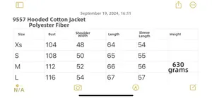 Size chart for winter hooded jacket 9557 with bust, shoulder, and length measurements
