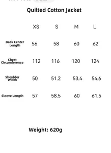 Size chart for winter quilted jacket showing length, chest, shoulder, and sleeve measurements
