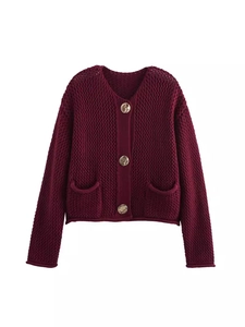 Women Fashion Solid Color Knit Cardigan Round Neck Long Sleeve Button Up Short Jacket Pockets Wine Red Hollow Out Outwear