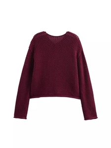 Women's burgundy long sleeve crochet knit cardigan with intricate mesh texture on white background