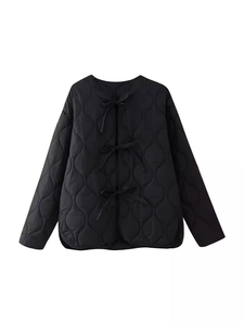 Women's Casual Onion Quilted Padded Jacket With Bow Tie Closure Round Neck Lightweight Long Sleeve Loose Outerwear