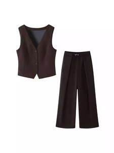 Deep brown V-neck vest and high-waisted wide-leg trousers two-piece office suit set