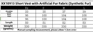 Detailed size chart for women's faux fur vest showing shoulders, bust, and length measurements