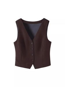 Deep brown V-neck suit vest with four buttons for a sleek professional commute look