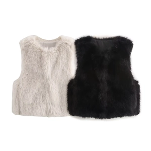 Texture detail of faux fur vests in off-white and black colors with sleeveless design