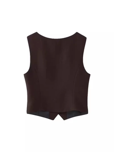 Deep brown sleeveless suit vest with slimming back seams and high-quality fabric