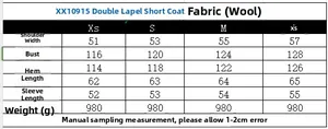 Detailed size chart for women's double-breasted short wool-like coat with measurements