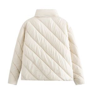 Detailed back view of a beige quilted cotton-padded jacket featuring a high stand-up collar