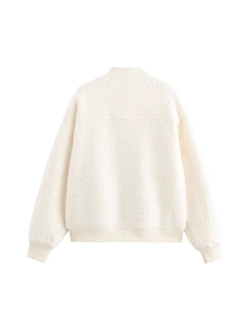 Women's off-white faux shearling jacket with ribbed trim and stand collar back view