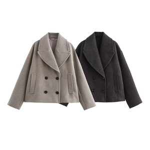 Detail showing double-breasted wool-like coat with lapel collar and side pockets in two colors