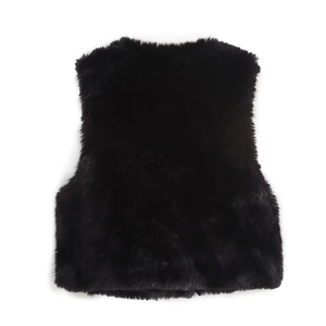 Close-up of fluffy black faux fur texture on a round neck sleeveless vest waistcoat