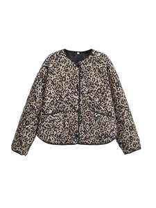 Vintage Leopard Print Quilted Jacket For Women Casual Loose Round Neck Long Sleeve Button Up Padded Coat With Pockets