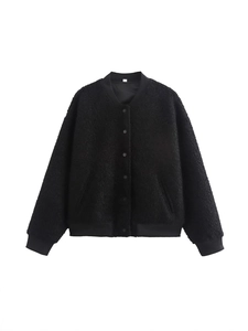 Women's autumn casual black fleece baseball jacket with ribbed cuffs and snap buttons