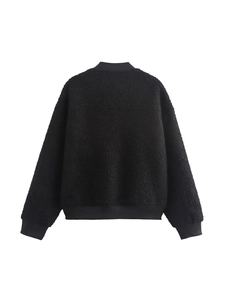 Women's black bouclé cropped jacket with drop shoulders and ribbed cuffs back view