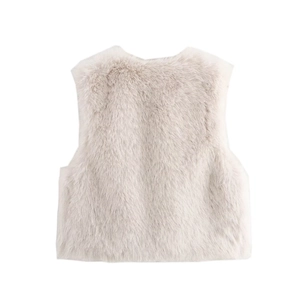 Close-up of fluffy off-white faux fur texture on a sleeveless round neck vest