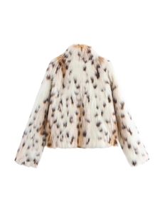 Giacca da donna in ecopelliccia bianca con motivo leopardato e maniche lunghe morbide