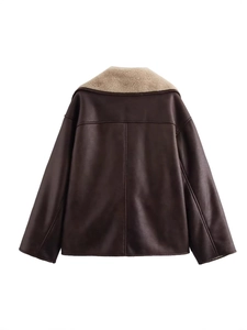 Brown faux leather jacket with cream shearling collar from a back view perspective