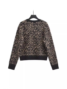 Maglione vintage in maglia leopardata da donna con scollo rotondo e maniche lunghe