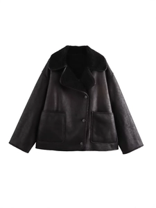 Chic women's faux leather aviator jacket with plush fur collar and large pockets