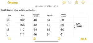 Size guide table for women's denim cotton jacket with chest and shoulder measurements