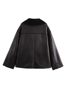 Relaxed fit dark brown faux leather jacket with plush black shearling collar and back seams