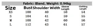 Size chart for women's double-breasted jacket showing bust, shoulder, and sleeve length