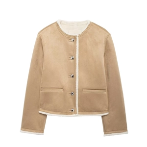 Close-up of khaki faux suede short jacket with white plush trim and silver buttons