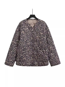 Damen Casual Leopardenmuster Gesteppte Wattierte Jacke Mode Lockerer Passform Rundhalsausschnitt Reißverschluss Mantel Mit Taschen Winter Warm Oberbekleidung