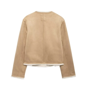 Back view of a cropped faux shearling jacket in camel with white wool trim and center seam