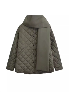 Veste Matelassée pour Femmes Avec Écharpe Assortie Manteau Rembourré à Losanges Minimaliste Couleur Unie Manches Longues