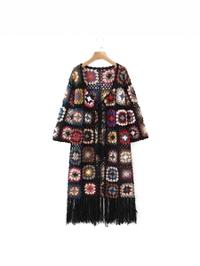 Women's Bohemian Handmade Crochet Cardigan Granny Square Long Sweater Coat With Tassels Multi Color Long Sleeve Knitwear