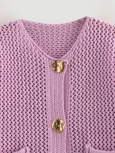 Detail of light purple knit cardigan featuring textured mesh and gold hammered buttons
