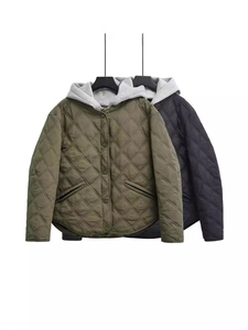 Women Casual Quilted Hooded Cotton Jacket Loose Diamond Pattern Button Up Colorblock Lightweight Padded Coat Streetwear Outwear
