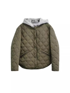 Olive green hooded quilted jacket for women with diamond stitch pattern and snap buttons