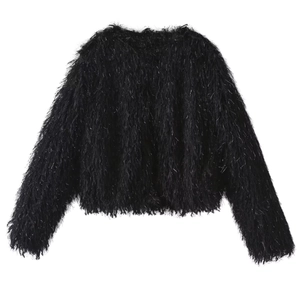 Close-up of black faux fur jacket with silver tinsel tassels and metallic trim details