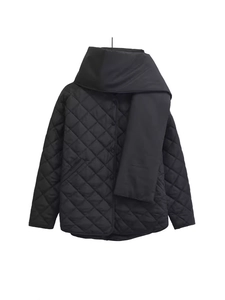 Veste matelassée noire pour femme avec écharpe assortie, manteau ample à motif losanges
