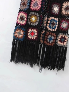 Handmade crochet long cardigan with colorful granny squares and black fringe details