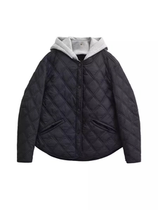Women's black quilted jacket with grey hood and diamond stitching pattern