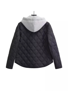 Women's black diamond quilted puffer jacket with light grey hood and curved hem design