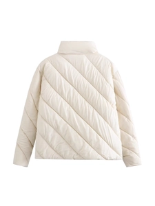 Women's cream white quilted cotton jacket with minimalist high collar and twill stitching