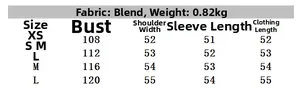 Size chart for vintage faux shearling jacket with chest and length measurements
