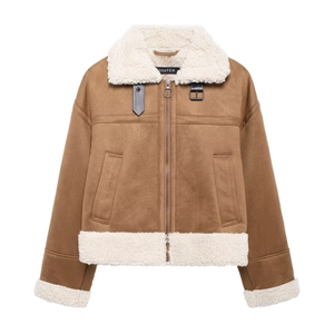 Detailed view of brown suede faux shearling jacket with white fur collar and buckle