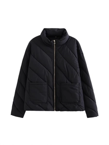 Women's short black quilted jacket with standing collar and large symmetrical pockets