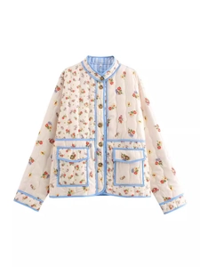 Women Vintage Floral Quilted Jacket Long Sleeve Stand Collar Single Breasted Cotton Blend Coat Casual Padded Outerwear